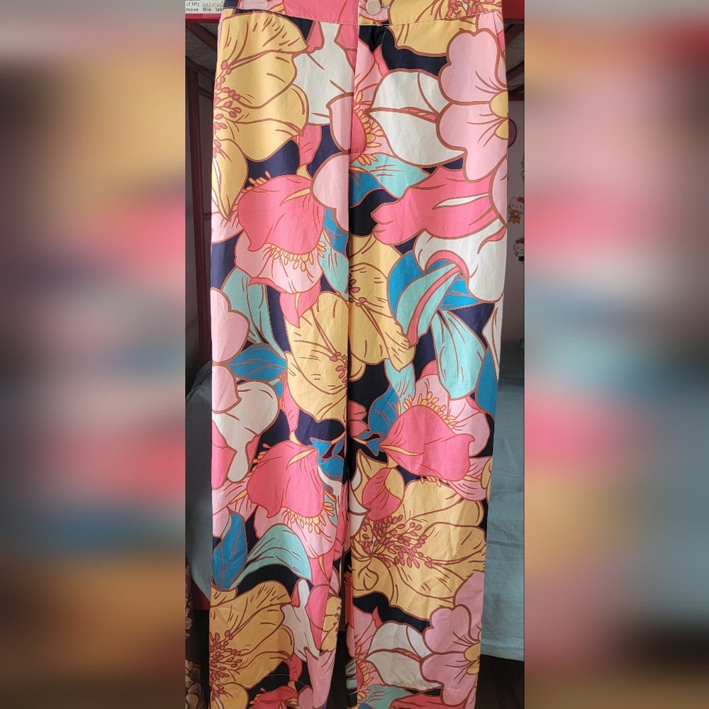 Sundayup Wide Leg Floral Pants in Pink & Yellow Size Small
